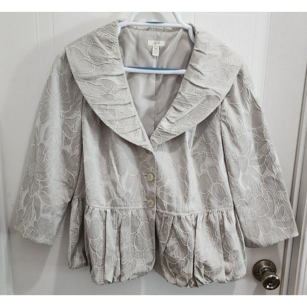 J. JILL Women's 3/4 Sleeve Peplum Blazer Jacket Embroidered Floral Silver Sz 14P